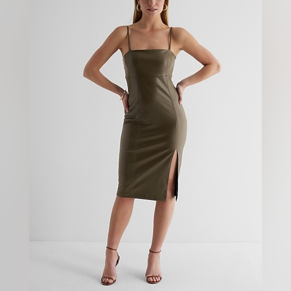 Express Body Contour Faux Leather Cami Midi Dress - Green - Size S